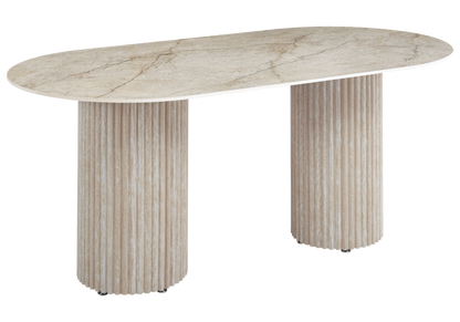 Table à manger ovale marbre brun et travertin | Kaelis