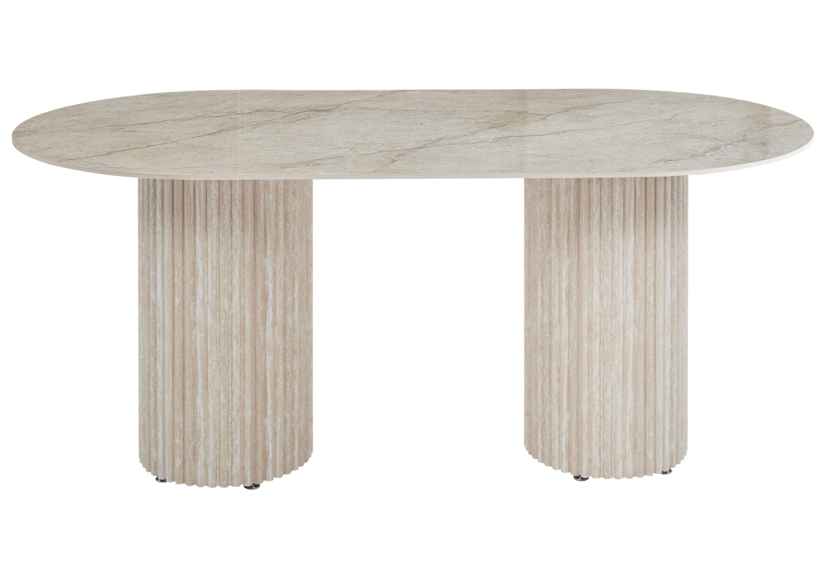 Table à manger ovale marbre brun et travertin | Kaelis