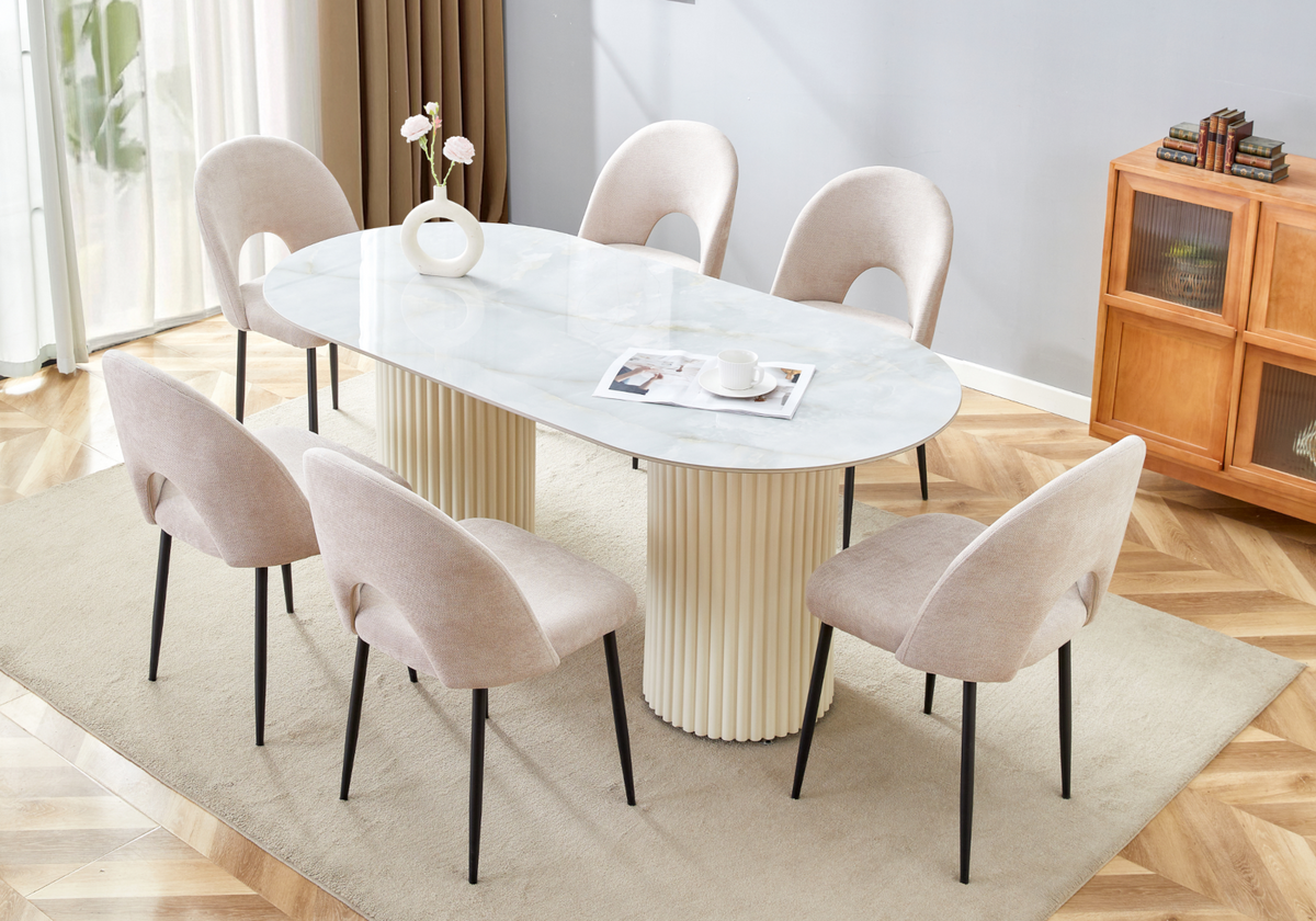 Table à manger ovale céramique marbre onyx beige | Kaelis