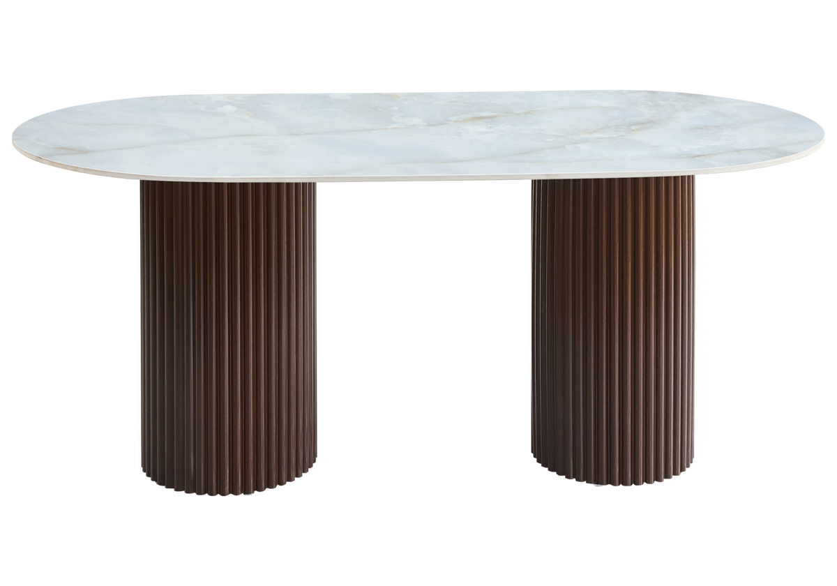 Table à manger ovale marbre onyx et pieds noyer | Kaelis