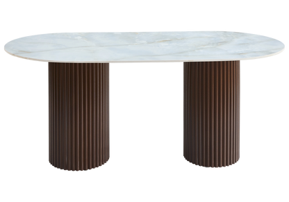 Table à manger ovale marbre onyx et pieds noyer | Kaelis