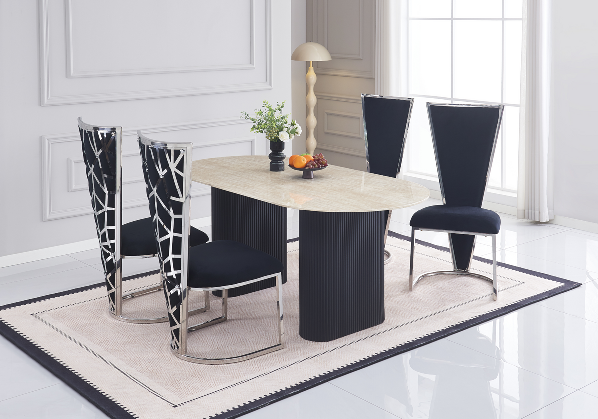 Table à manger ovale travertin et pieds noirs | Veyra