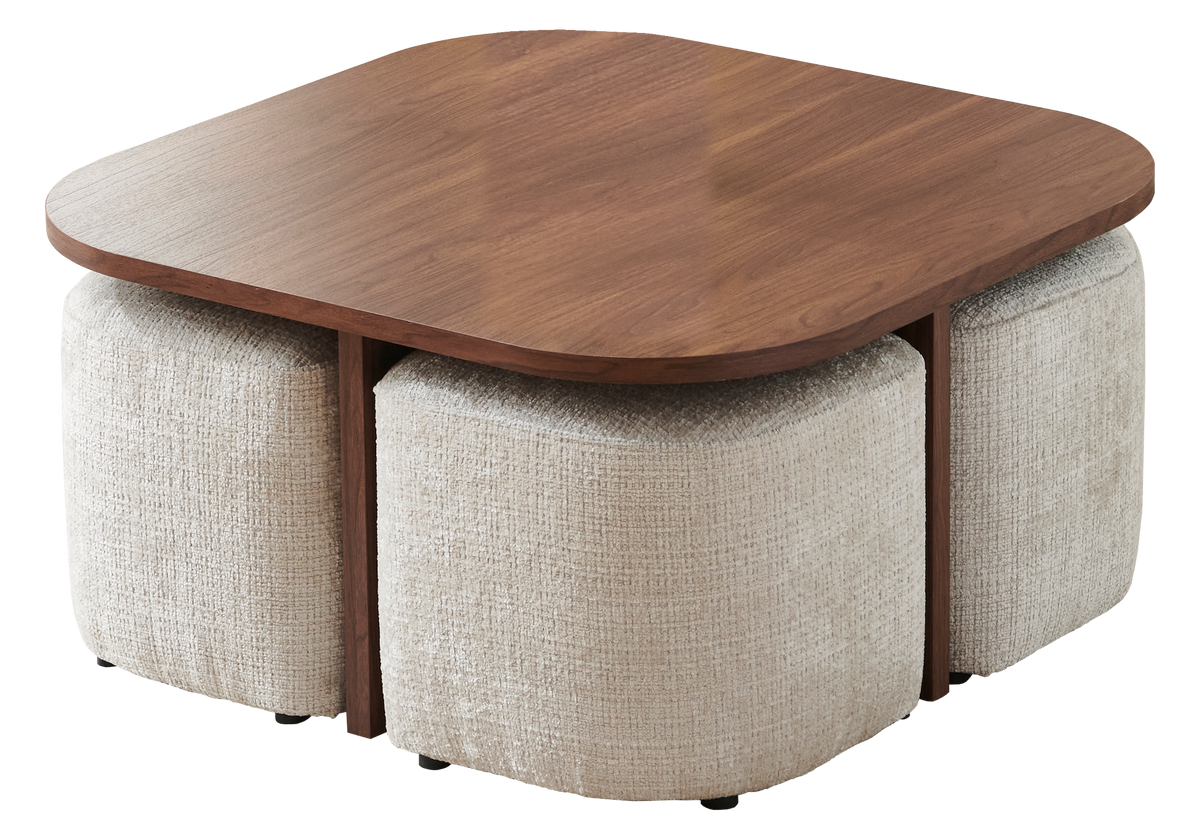 Table basse gain de place noyer avec 4 poufs | Kaelo