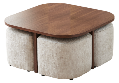 Table basse gain de place noyer avec 4 poufs | Kaelo