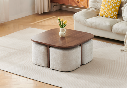 Table basse gain de place noyer avec 4 poufs | Kaelo
