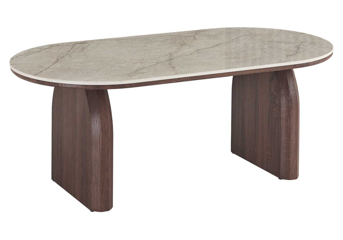 Table basse ovale en céramique marbre beige et noyer | Vexo