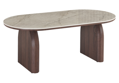 Table basse ovale en céramique marbre beige et noyer | Vexo