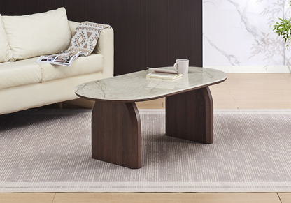 Table basse ovale en céramique marbre beige et noyer | Vexo