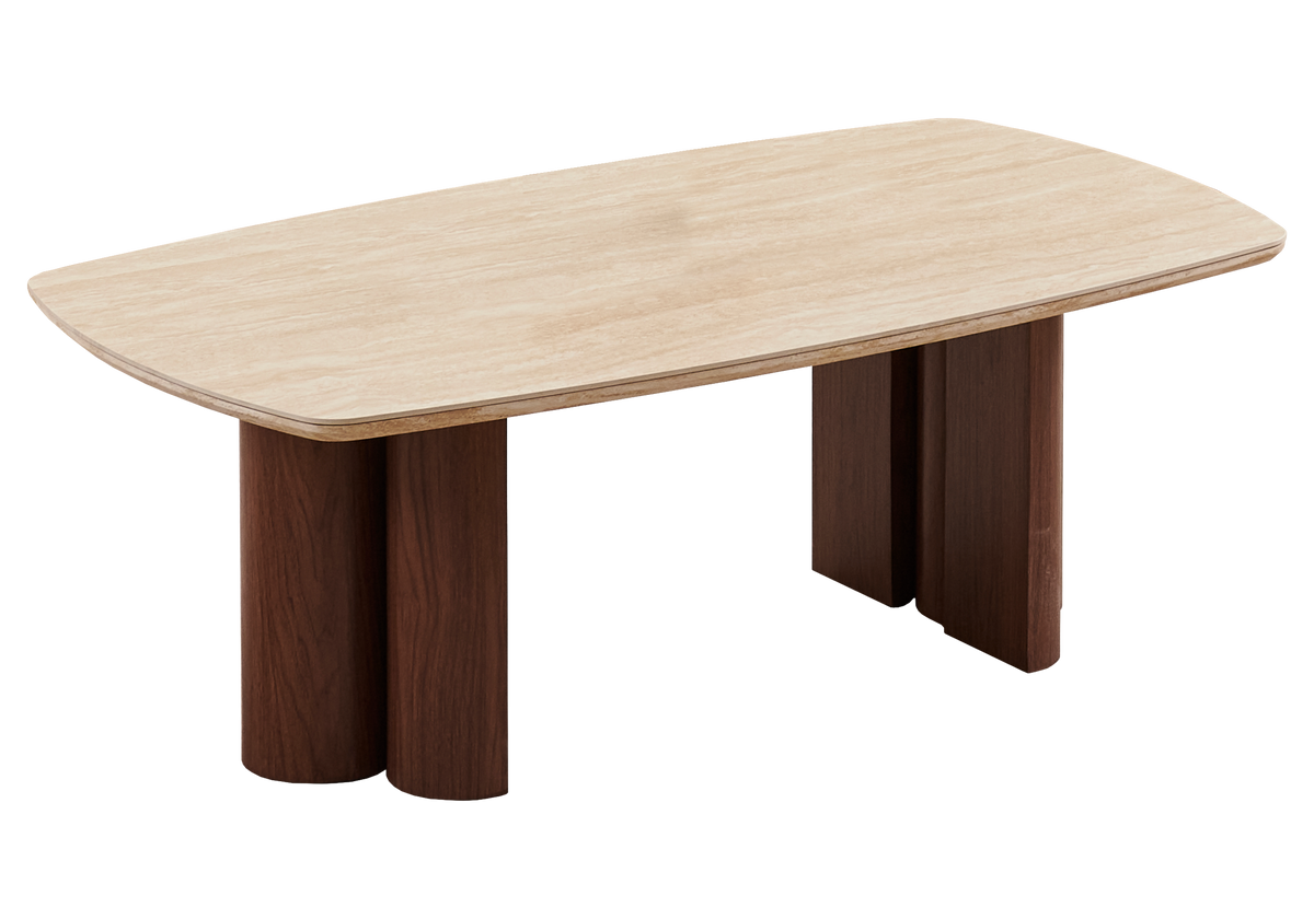 Salle à manger complète design travertin et noyer | Zelix