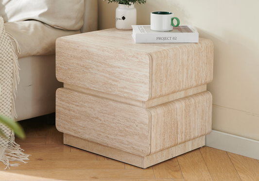 Table de chevet arrondie avec effet travertin | Zevis