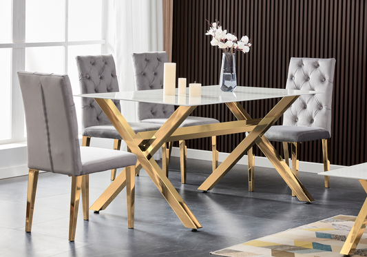 Ensemble table marbre blanc et 4 chaises dorées | Zyro