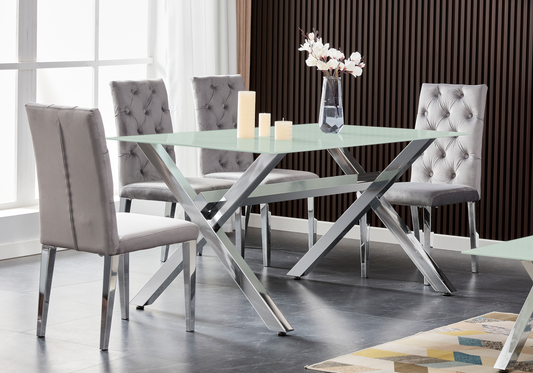 Table salle à manger verre trempé pieds en x argent | Zyro
