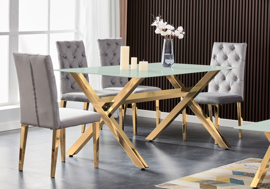 Ensemble salle à manger verre trempé pieds x dorés | Zyro
