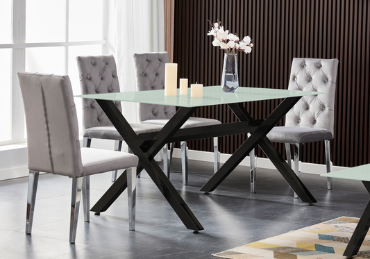 Ensemble salle à manger verre trempé pieds x noirs | Zyro