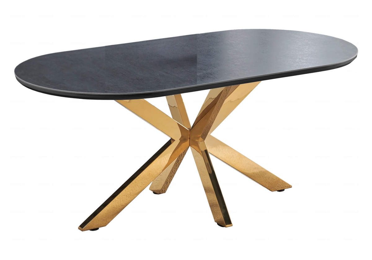 Table à manger ovale en céramique noire et dorée | Zenix
