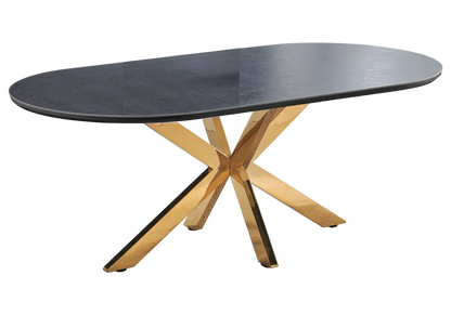 Table à manger ovale en céramique noire et dorée | Zenix