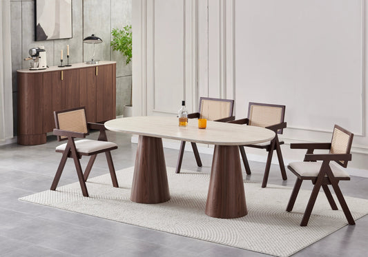 Ensemble table ovale travertin et 4 chaises noyer | Velix