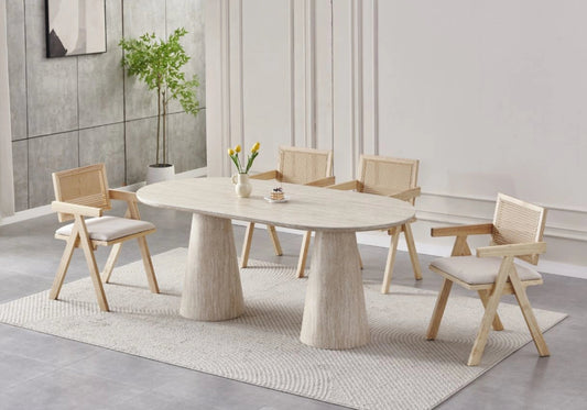 Ensemble table travertin et chaises en cannage | Velix
