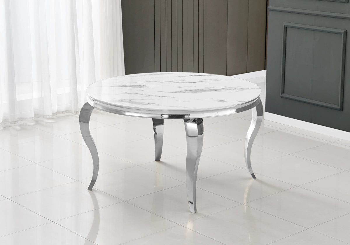 Table à manger ronde marbre blanc et pied argent | Halo