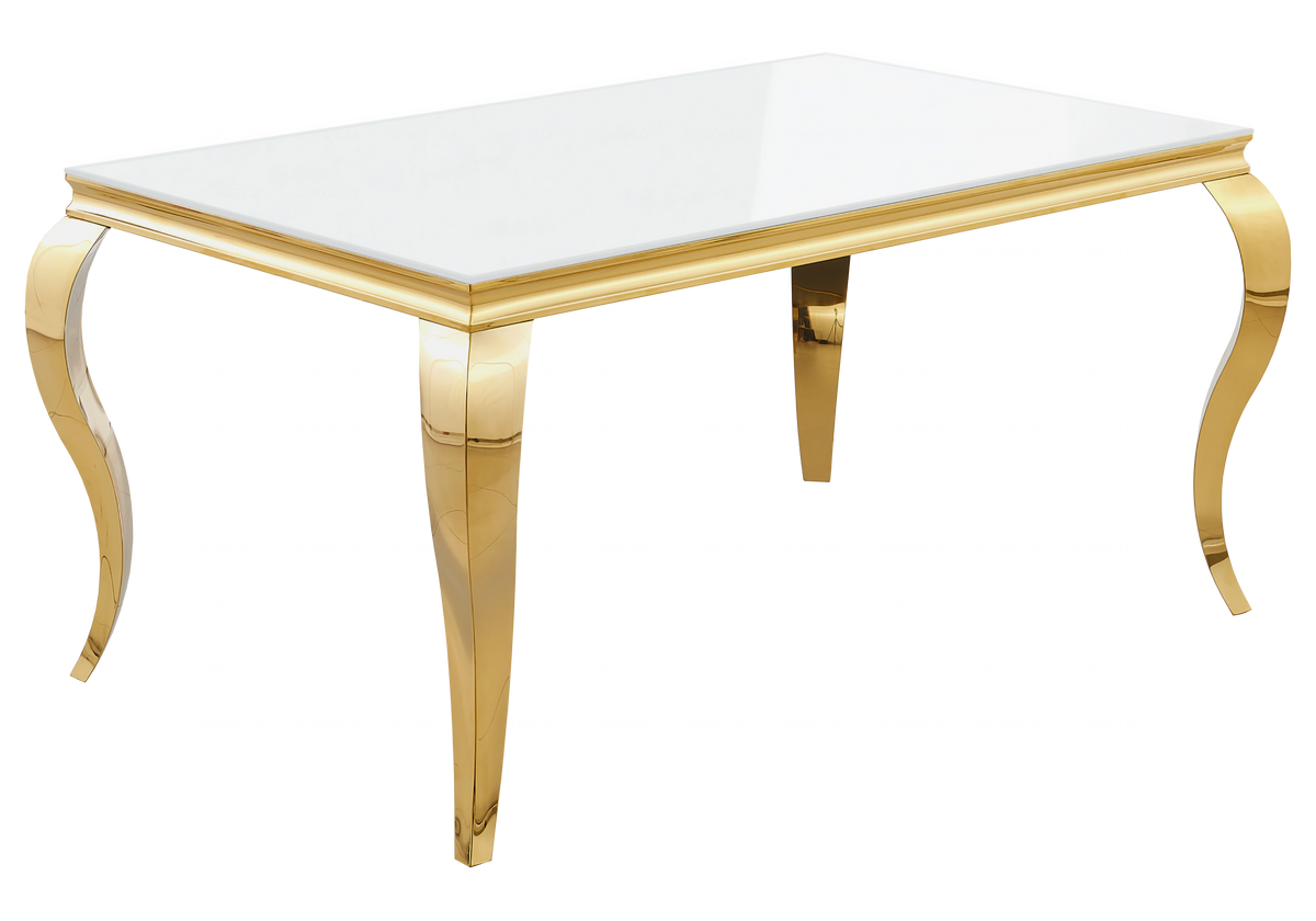 Ensemble table verre blanc et 4 chaises dorées | Halo