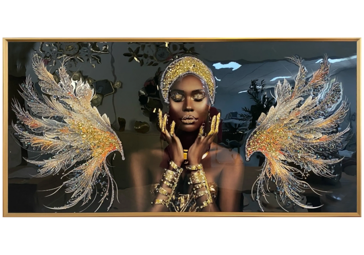Tableau femme africaine aux ailes d'ange dorées | Vekto