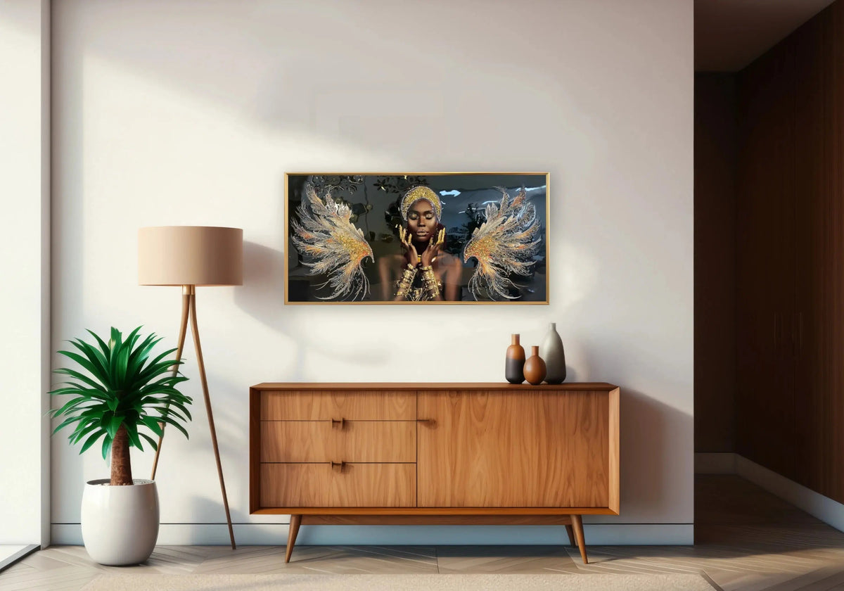 Tableau femme africaine aux ailes d'ange dorées | Vekto