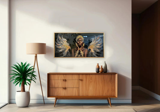 Tableau femme africaine aux ailes d'ange dorées | Vekto