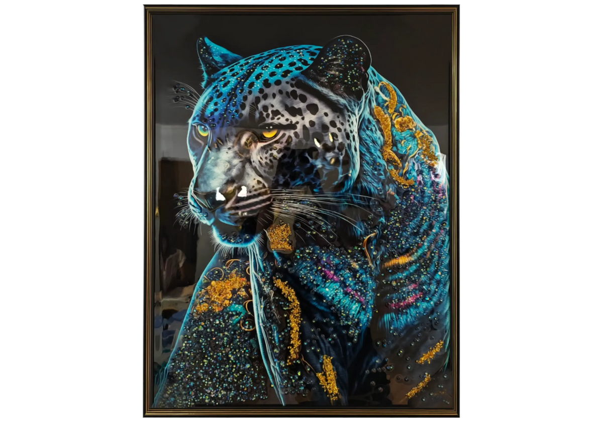 Tableau panthère bleue et cristaux dorés pour salon | Vexis
