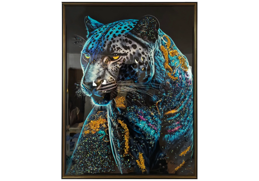 Tableau panthère bleue et cristaux dorés pour salon | Vexis