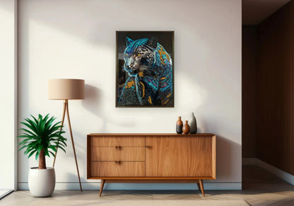 Tableau panthère bleue et cristaux dorés pour salon | Vexis