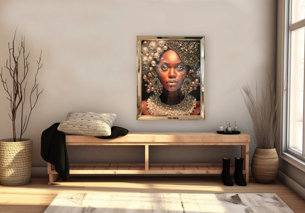 Tableau femme africaine perles et cristaux dorés | Kynox