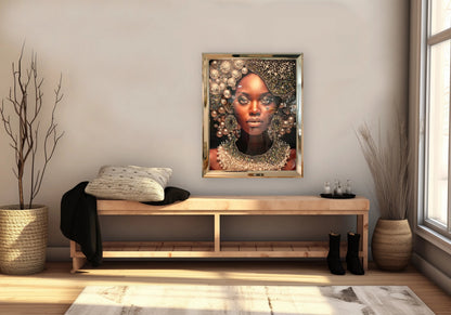 Tableau femme africaine perles et cristaux dorés | Kynox