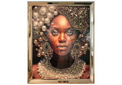 Tableau femme africaine perles et cristaux dorés | Kynox