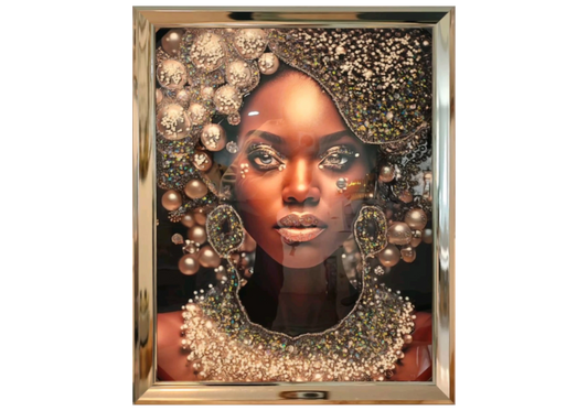 Tableau femme africaine perles et cristaux dorés | Kynox