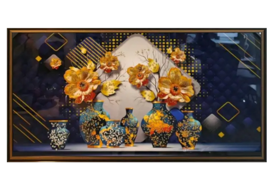 Tableau mural fleurs bleues et perles dorées | Kynix