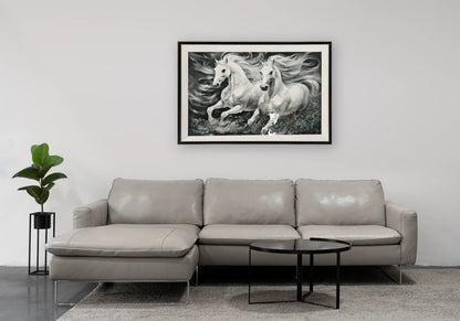Tableau de salon chevaux blancs et cristaux | Zyrox