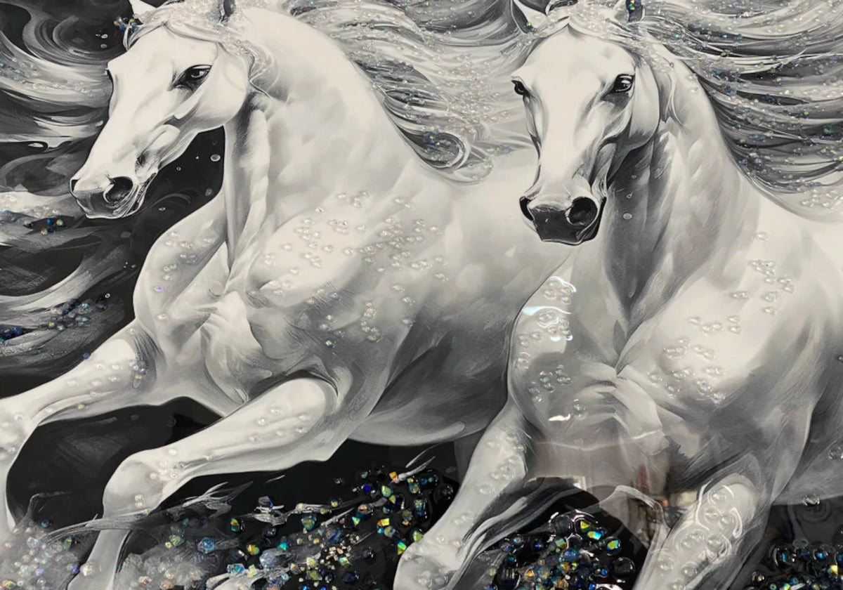 Tableau de salon chevaux blancs et cristaux | Zyrox