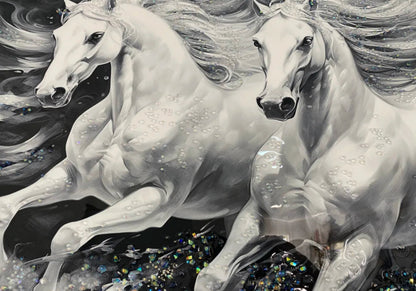 Tableau de salon chevaux blancs et cristaux | Zyrox
