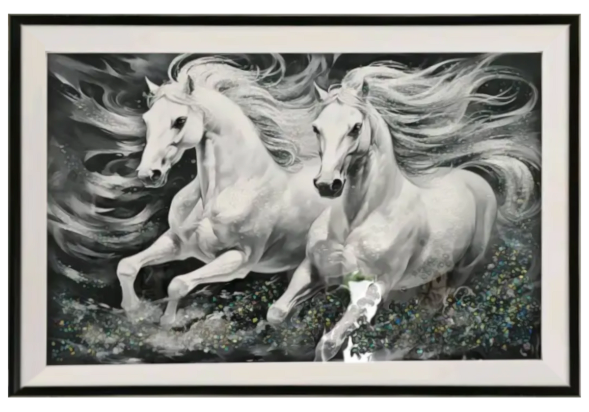 Tableau de salon chevaux blancs et cristaux | Zyrox