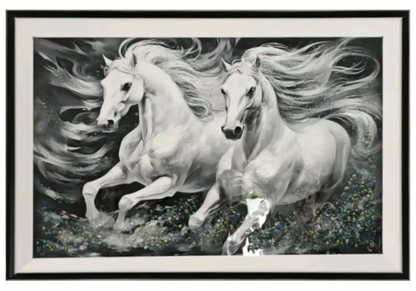 Tableau de salon chevaux blancs et cristaux | Zyrox