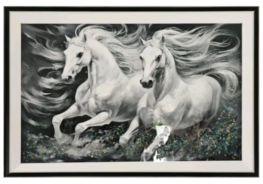 Tableau de salon chevaux blancs et cristaux | Zyrox