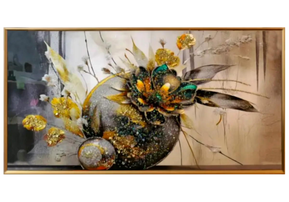 Grand tableau cristaux fleur dorée en relief | Azura
