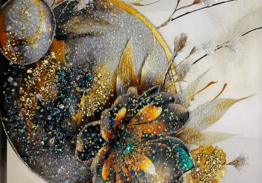 Grand tableau cristaux fleur dorée en relief | Azura