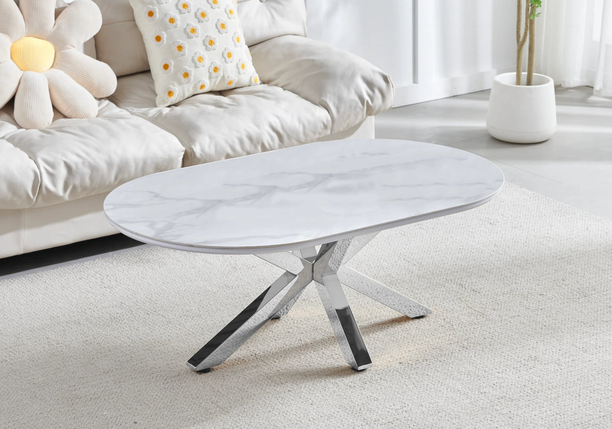 Table basse ovale en céramique effet marbre blanc | Zenix