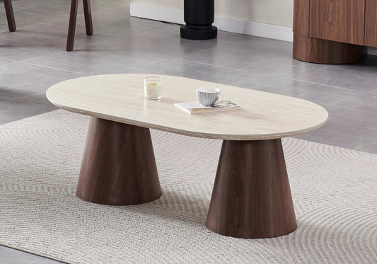 Table basse ovale design noyer et travertin | Velix