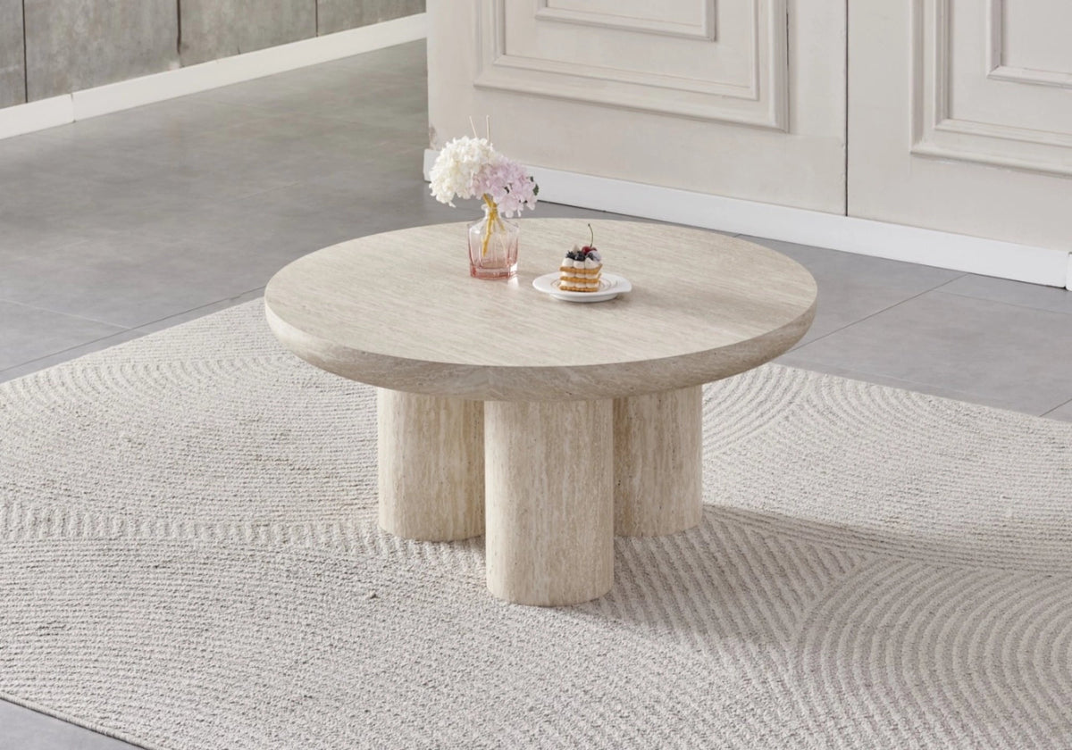 Ensemble table ronde travertin et 4 chaises cannage | Zenth