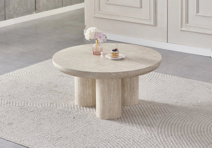 Ensemble table ronde travertin et 4 chaises cannage | Zenth