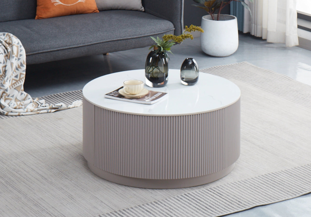 Table basse ronde marbre blanc et bois avec tiroirs | Sena