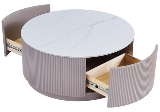 Table basse ronde marbre blanc et bois avec tiroirs | Sena