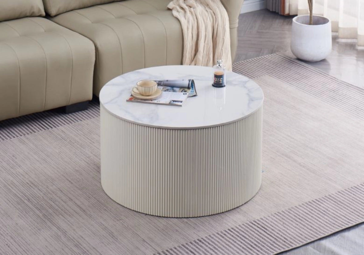 Table basse ronde marbre blanc à pied cannelé beige | Lumex